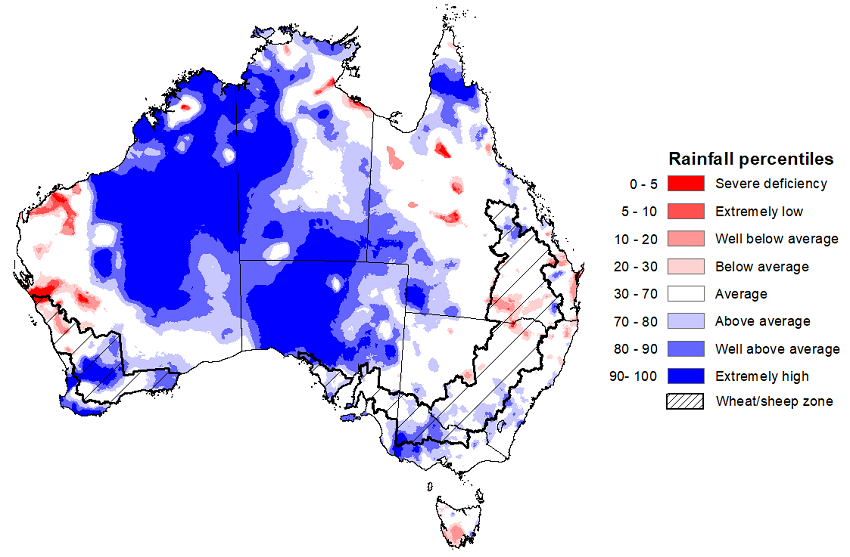 Map showing the rainfall percentiles for the previous month in Australia. Image provided by the Bureau of Meteorology. Please refer to accompanying text for a more detailed description.