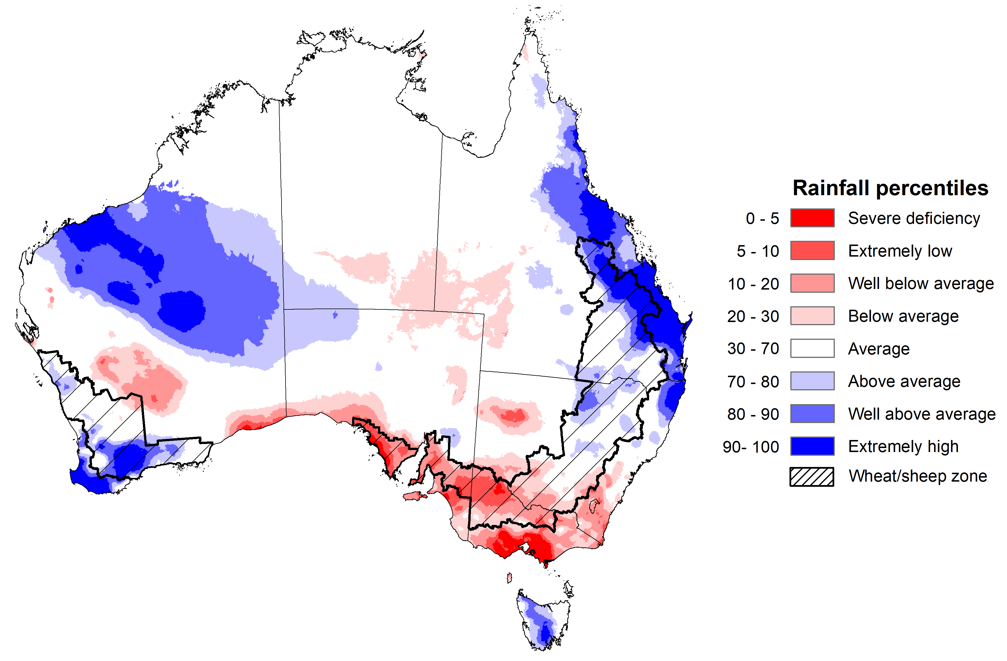 Map showing the rainfall percentiles for the previous month in Australia. Image provided by the Bureau of Meteorology. Please refer to accompanying text for a more detailed description.