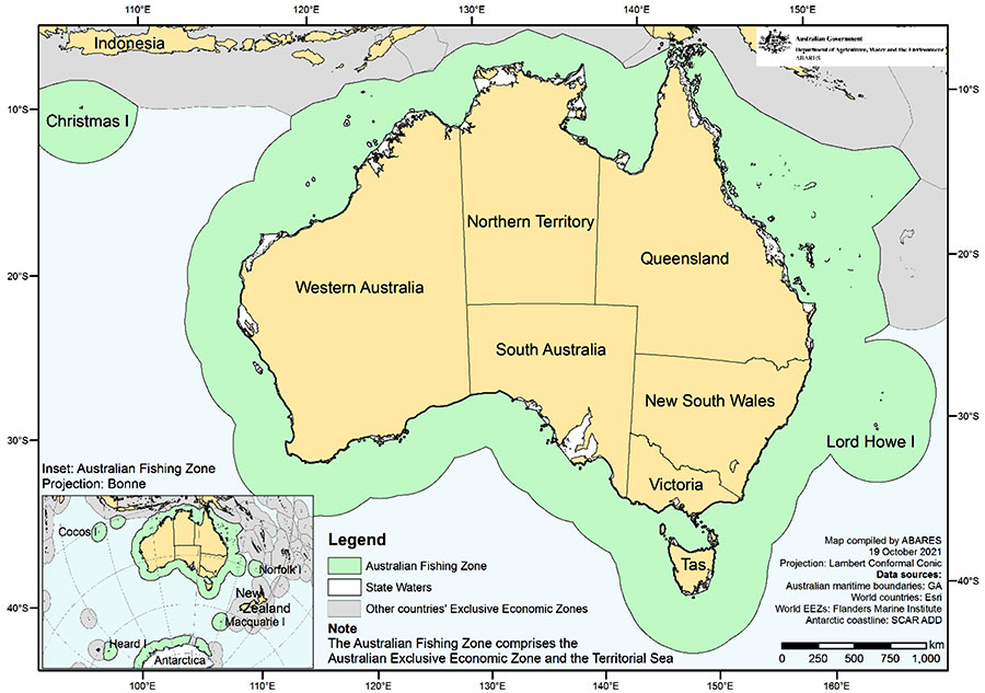 Map showing Australian fishing zones