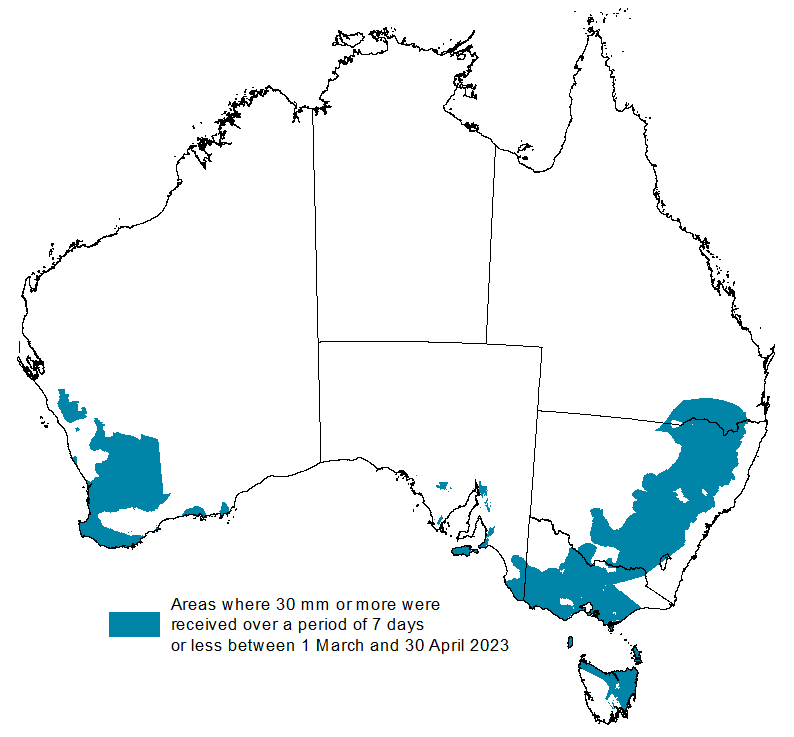 Map showing the areas where 30 millimetres or more were received over a period of 7 days or less since 1 March in Australia. Areas that achieved this in southern pasture and cropping areas that achieved this shown in dark blue. Please refer to accompanying text for a more detailed description.