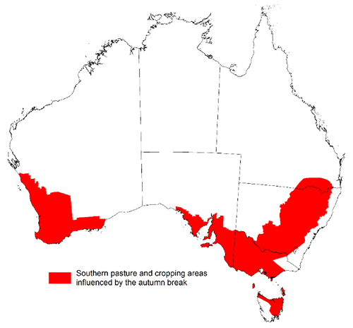 Map showing the southern pasture and cropping areas likely to be influenced by the autumn break in Australia. Please refer to accompanying text for a more detailed description.