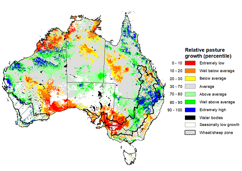 Map showing the relative pasture growth for the previous season in Australia. Image provided by AussieGRASS. Please refer to accompanying text for a more detailed description.