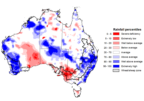 Map showing the rainfall percentiles for the previous season in Australia. Image provided by the Bureau of Meteorology. Please refer to accompanying text for a more detailed description.