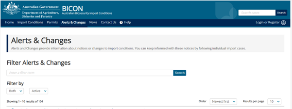 Screenshot of BICON Alerts and Changes page