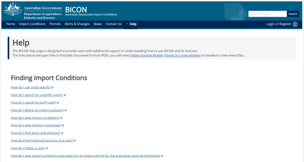 Screenshot of BICON Help page