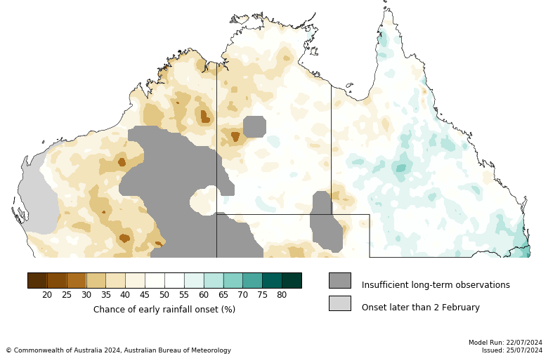 Map showing the probability of northern rainfall onset occurring earlier than usual. Image provided by the Bureau of Meteorology. Please refer to accompanying text for a more detailed description.