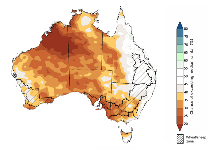 Map showing the chance of exceeding median rainfall during the next three months in Australia. Image provided by the Bureau of Meteorology. Please refer to accompanying text for a more detailed description.