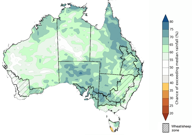 Map showing the chance of exceeding median rainfall during the next three months in Australia. Image provided by the Bureau of Meteorology. Please refer to accompanying text for a more detailed description.