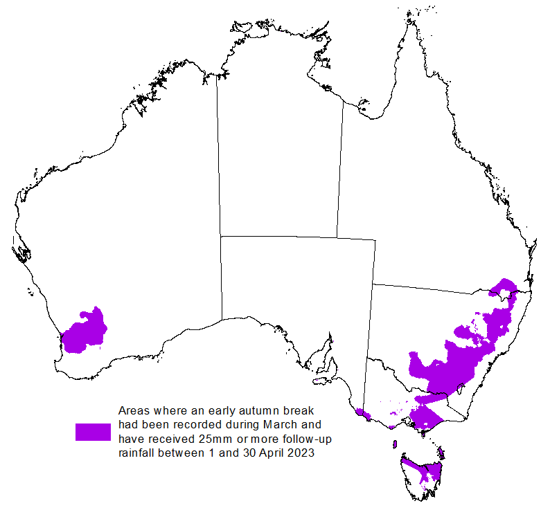 Map showing the areas where at least 25 millimetres of follow-up rainfall has been achieved in the month of April.