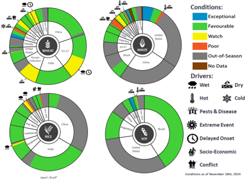 Figure showing wheat, maize, rice and soy conditions for AMIS countries during the previous month. Image provided by AMIS. Please refer to accompanying text for a more detailed description.