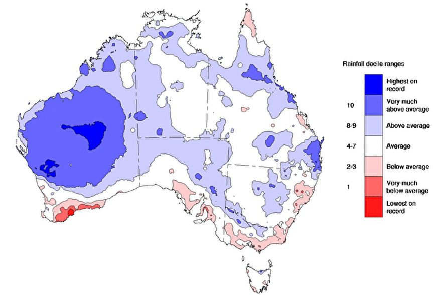 Map showing the rainfall declines for the previous 3 months in Australia. Image provided by the Bureau of Meteorology. Please refer to accompanying text for a more detailed description.