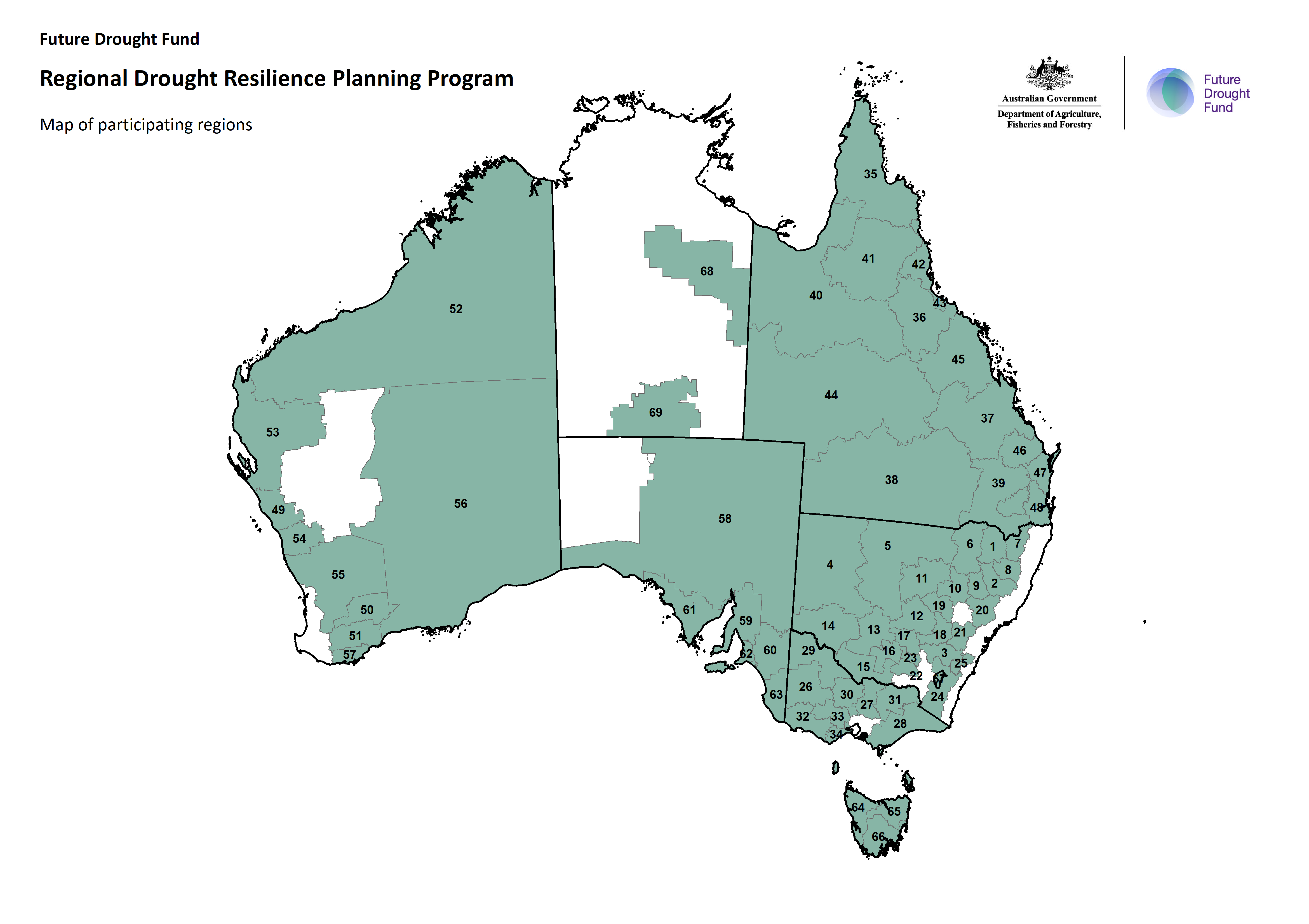 Map of FDF regions in Australia and the participating Regional Drought Reslience Planning Program egions.