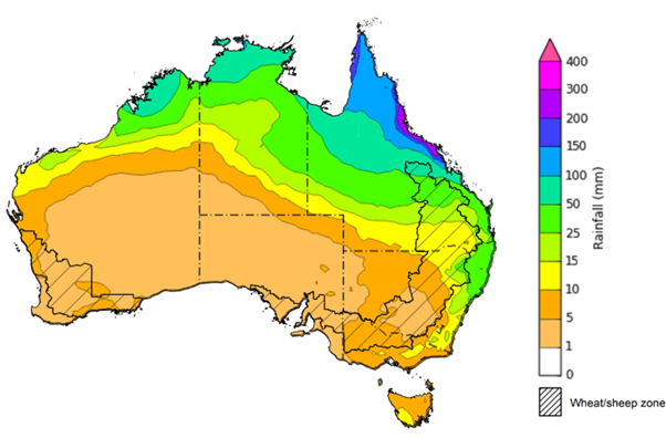 Map of the total forecast rainfall for the next 8 days. Image provided by the Bureau of Meteorology. Please refer to accompanying text for a more detailed description.