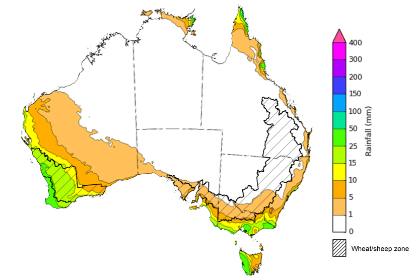 Map of the total forecast rainfall for the next 8 days. Image provided by the Bureau of Meteorology. Please refer to accompanying text for a more detailed description.