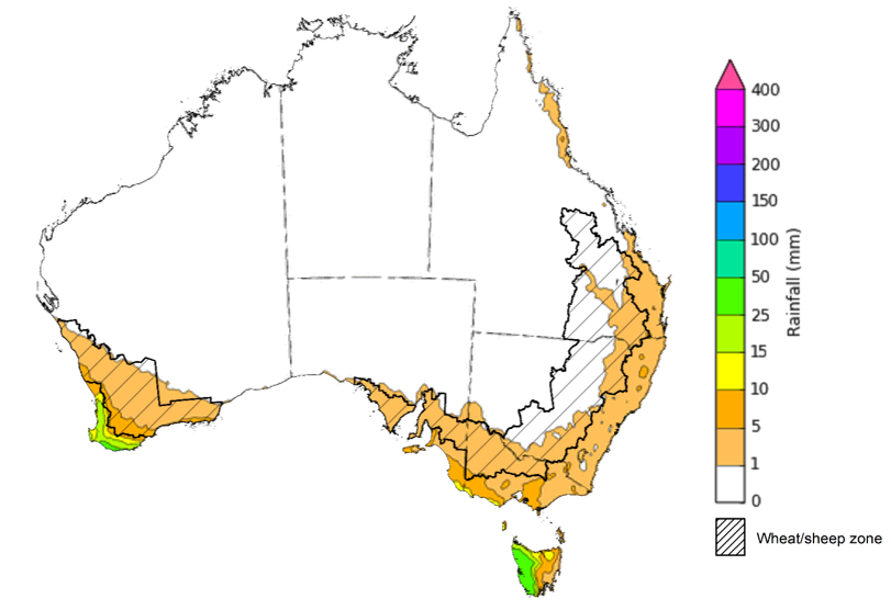 Map of the total forecast rainfall for the next 8 days. Image provided by the Bureau of Meteorology. Please refer to accompanying text for a more detailed description.