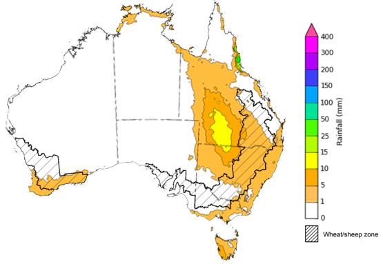 Map of the total forecast rainfall for the next 8 days. Image provided by the Bureau of Meteorology. Please refer to accompanying text for a more detailed description.