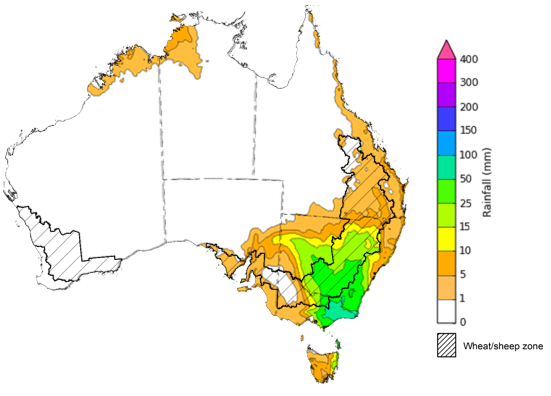 Map of the total forecast rainfall for the next 4 days. Image provided by the Bureau of Meteorology. Please refer to accompanying text for a more detailed description.