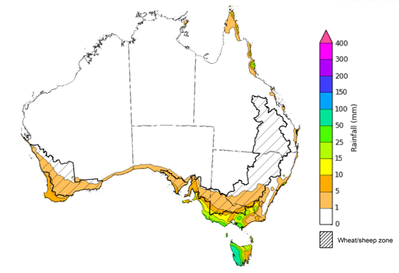 Map of the total forecast rainfall for the next 8 days. Image provided by the Bureau of Meteorology. Please refer to accompanying text for a more detailed description.