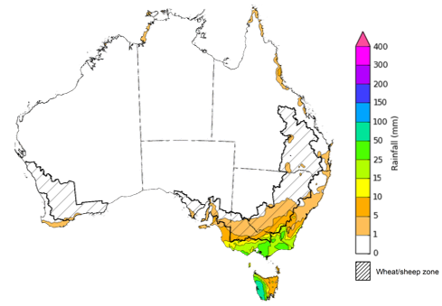 Map of the total forecast rainfall for the next 4 days. Image provided by the Bureau of Meteorology. Please refer to accompanying text for a more detailed description.