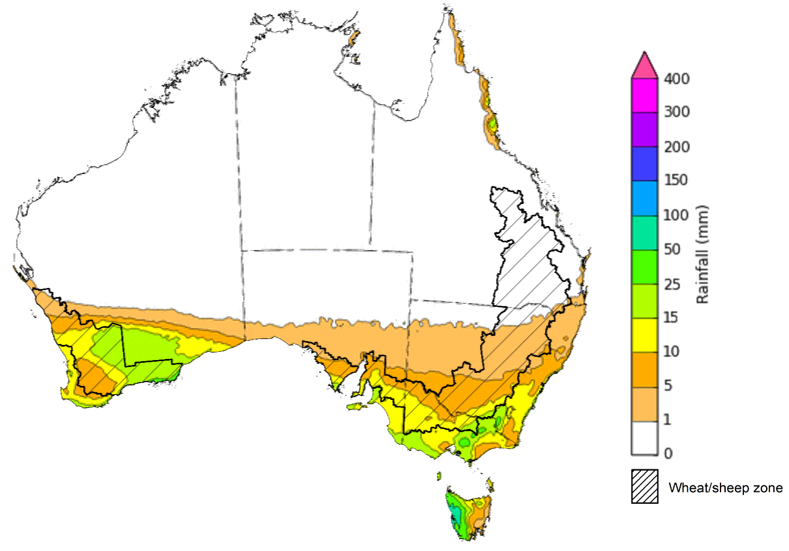 Map of the total forecast rainfall for the next 8 days. Image provided by the Bureau of Meteorology. Please refer to accompanying text for a more detailed description.