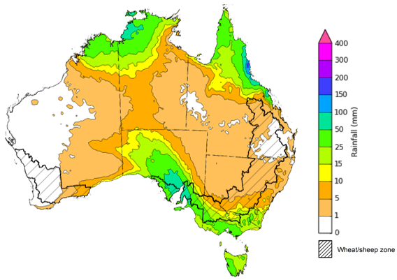 Map of the total forecast rainfall for the next 8 days. Image provided by the Bureau of Meteorology. Please refer to accompanying text for a more detailed description.