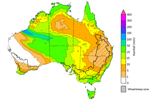 Map of the total forecast rainfall for the next 8 days. Image provided by the Bureau of Meteorology. Please refer to accompanying text for a more detailed description.