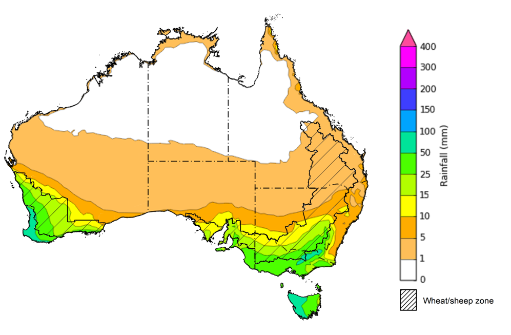 Map of the total forecast rainfall for the next 8 days. Image provided by the Bureau of Meteorology. Please refer to accompanying text for a more detailed description.