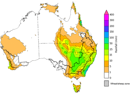 Map of the total forecast rainfall for the next 8 days. Image provided by the Bureau of Meteorology. Please refer to accompanying text for a more detailed description