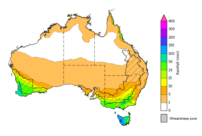 Map of the total forecast rainfall for the next 8 days. Image provided by the Bureau of Meteorology. Please refer to accompanying text for a more detailed description.