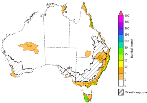 Map of the total forecast rainfall for the next 8 days. Image provided by the Bureau of Meteorology. Please refer to accompanying text for a more detailed description.