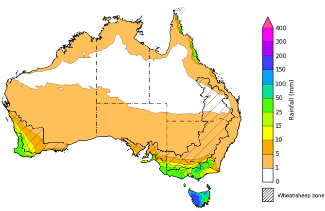 Map of the total forecast rainfall for the next 8 days. Image provided by the Bureau of Meteorology. Please refer to accompanying text for a more detailed description.