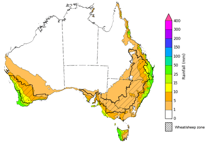 Map of the total forecast rainfall for the next 8 days. Image provided by the Bureau of Meteorology. Please refer to accompanying text for a more detailed description.