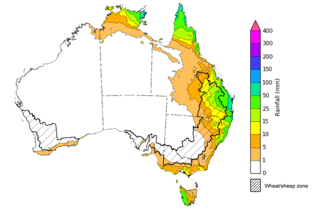 Map of the total forecast rainfall for the next 8 days. Image provided by the Bureau of Meteorology. Please refer to accompanying text for a more detailed description.