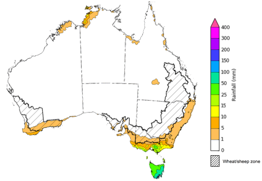 Map of the total forecast rainfall for the next 4 days. Image provided by the Bureau of Meteorology. Please refer to accompanying text for a more detailed description.