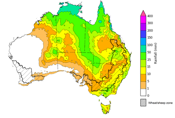 Map of the total forecast rainfall for the next 8 days. Image provided by the Bureau of Meteorology. Please refer to accompanying text for a more detailed description.