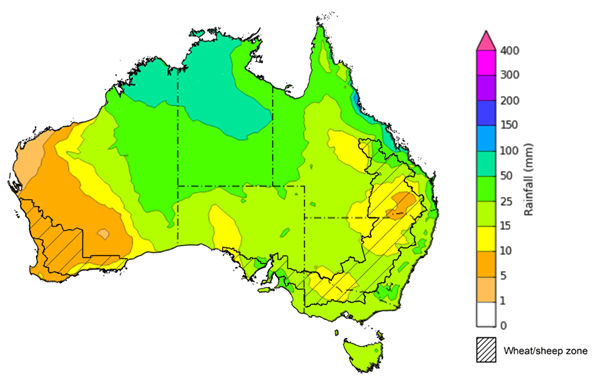 Map of the total forecast rainfall for the next 8 days. Image provided by the Bureau of Meteorology. Please refer to accompanying text for a more detailed description.