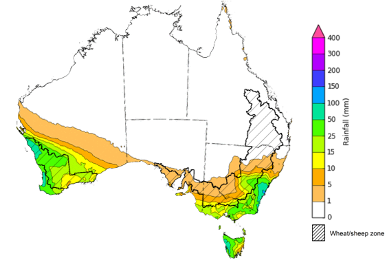 Map of the total forecast rainfall for the next 8 days. Image provided by the Bureau of Meteorology. Please refer to accompanying text for a more detailed description.]