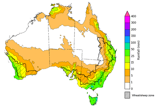 Map of the total forecast rainfall for the next 8 days. Image provided by the Bureau of Meteorology. Please refer to accompanying text for a more detailed description.