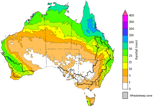 Map of the total forecast rainfall for the next 8 days. Image provided by the Bureau of Meteorology. Please refer to accompanying text for a more detailed description.