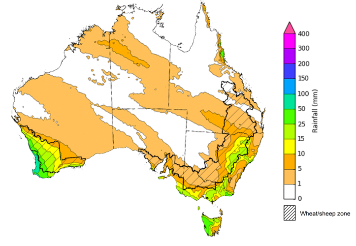 Map of the total forecast rainfall for the next 8 days. Image provided by the Bureau of Meteorology. Please refer to accompanying text for a more detailed description.