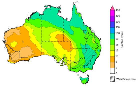 Map of the total forecast rainfall for the next 8 days. Image provided by the Bureau of Meteorology. Please refer to accompanying text for a more detailed description.