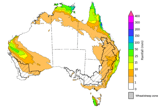 Map of the total forecast rainfall for the next 8 days. Image provided by the Bureau of Meteorology. Please refer to accompanying text for a more detailed description.