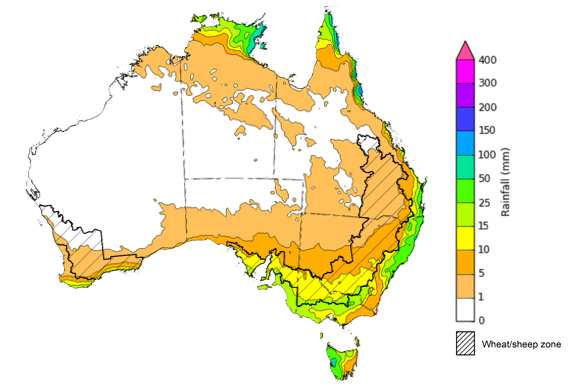 Map of the total forecast rainfall for the next 8 days. Image provided by the Bureau of Meteorology. Please refer to accompanying text for a more detailed description.