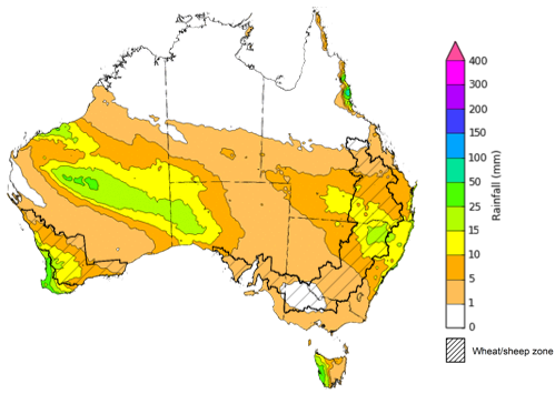 Map of the total forecast rainfall for the next 8 days. Image provided by the Bureau of Meteorology. Please refer to accompanying text for a more detailed description.