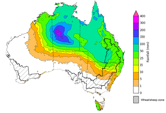 Map of the total forecast rainfall for the next 8 days. Image provided by the Bureau of Meteorology. Please refer to accompanying text for a more detailed description.