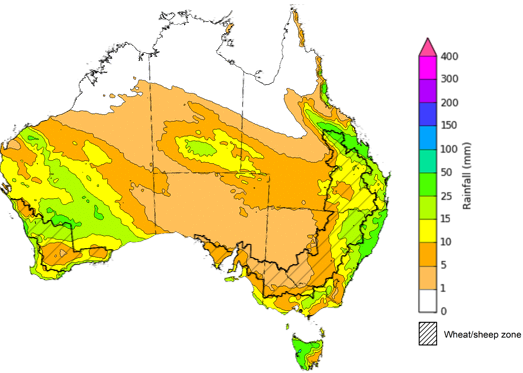 Map of the total forecast rainfall for the next 8 days. Image provided by the Bureau of Meteorology. Please refer to accompanying text for a more detailed description