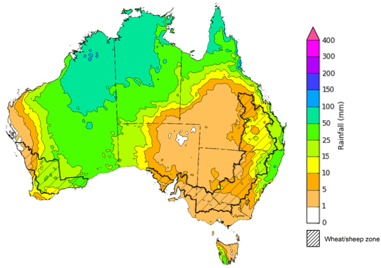 Map of the total forecast rainfall for the next 8 days. Image provided by the Bureau of Meteorology. Please refer to accompanying text for a more detailed description.