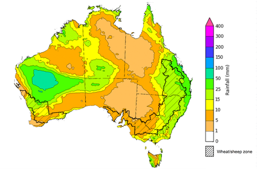 Map of the total forecast rainfall for the next 8 days. Image provided by the Bureau of Meteorology. Please refer to accompanying text for a more detailed description.