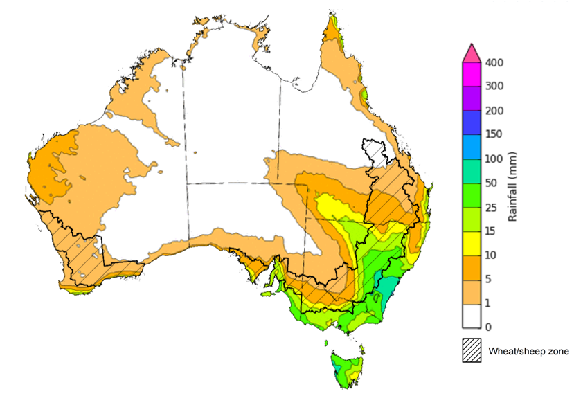 Map of the total forecast rainfall for the next 8 days. Image provided by the Bureau of Meteorology. Please refer to accompanying text for a more detailed description.