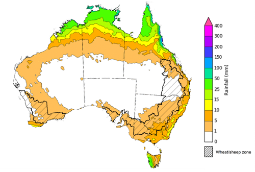 Map of the total forecast rainfall for the next 8 days. Image provided by the Bureau of Meteorology. Please refer to accompanying text for a more detailed description.